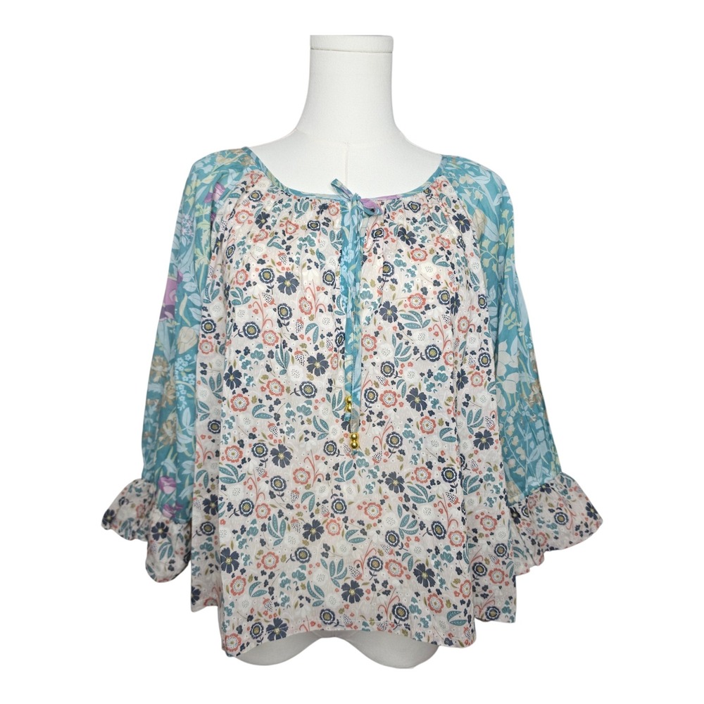 Natural Life Magnolia Cotton Top Seafoam Floral Boho Peasant Ruffle Sleeve M NWT